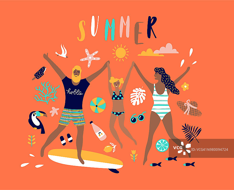 夏季波普艺术插图与幸福的家庭。热带海滩。排版矢量插图。图片素材