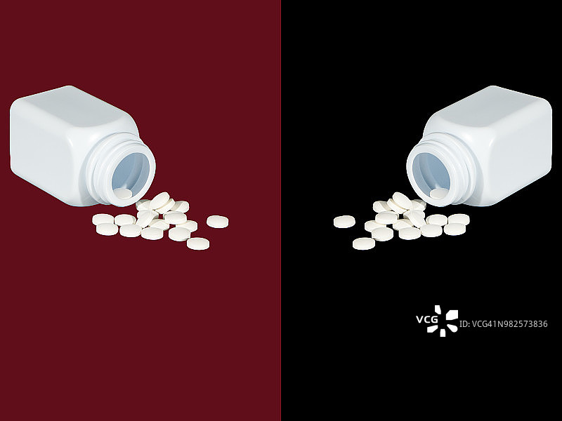 药丸从药瓶中溢出，并在红色的路径上被隔离。顶部视图与复制空间。医学的概念图片素材