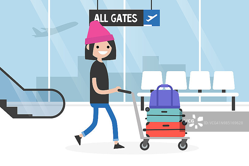 机场。年轻的游客推着行李车。行李手推车。旅行。旅游业。飞行。平面可编辑矢量插图，剪辑艺术图片素材