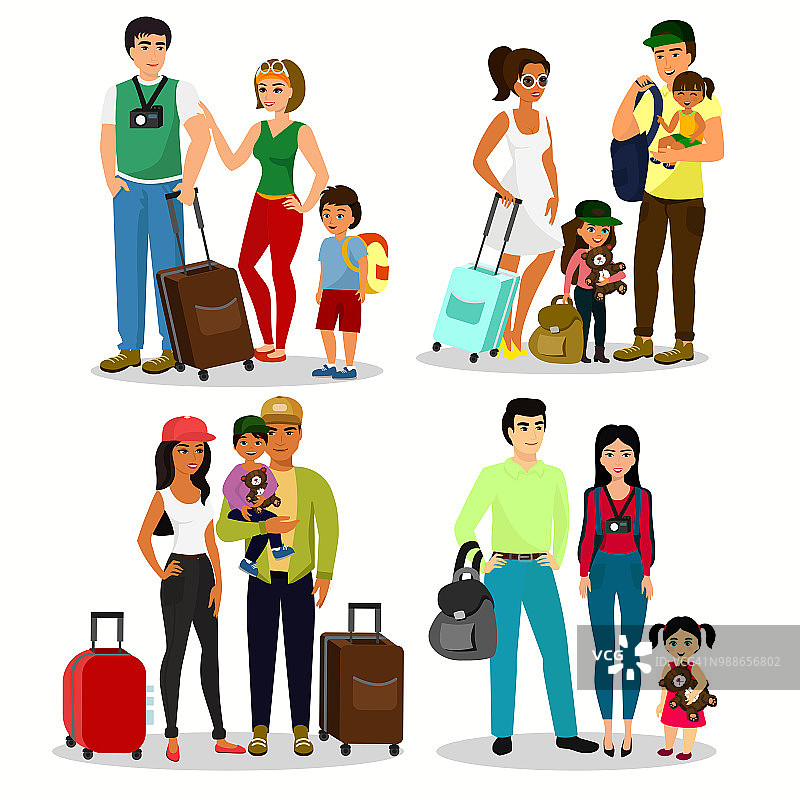 矢量插图一套快乐的人与孩子旅行。家人一起旅行。父亲母亲和孩子们带着行李在机场的平面卡通风格。图片素材