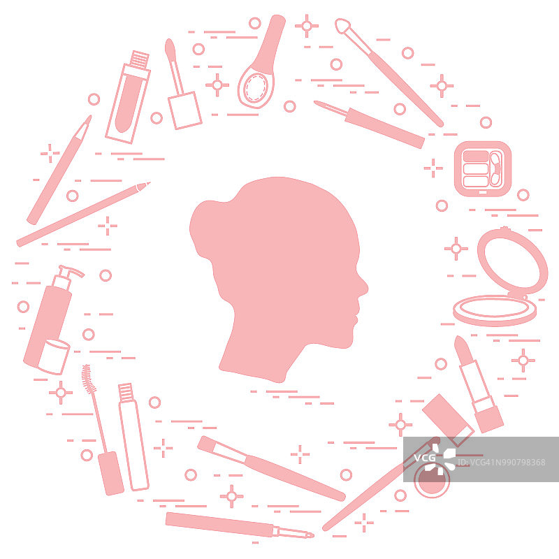 女性头部剪影及各种配饰应用于装饰性化妆品。图片素材