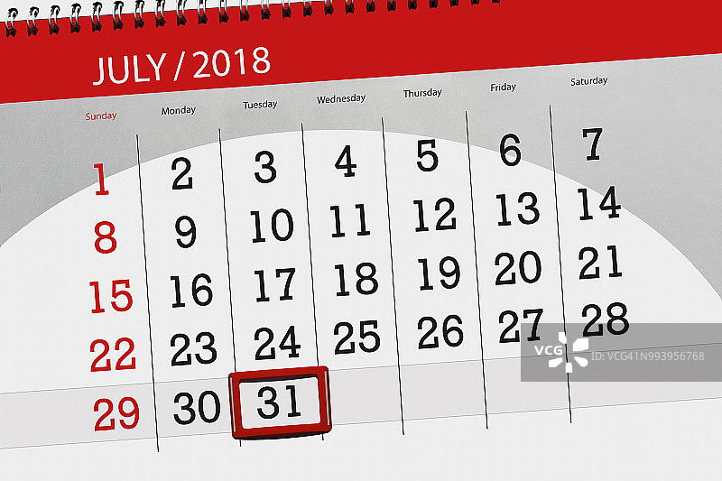 日历计划的月，截止日的一周，周二，2018年7月31日图片素材