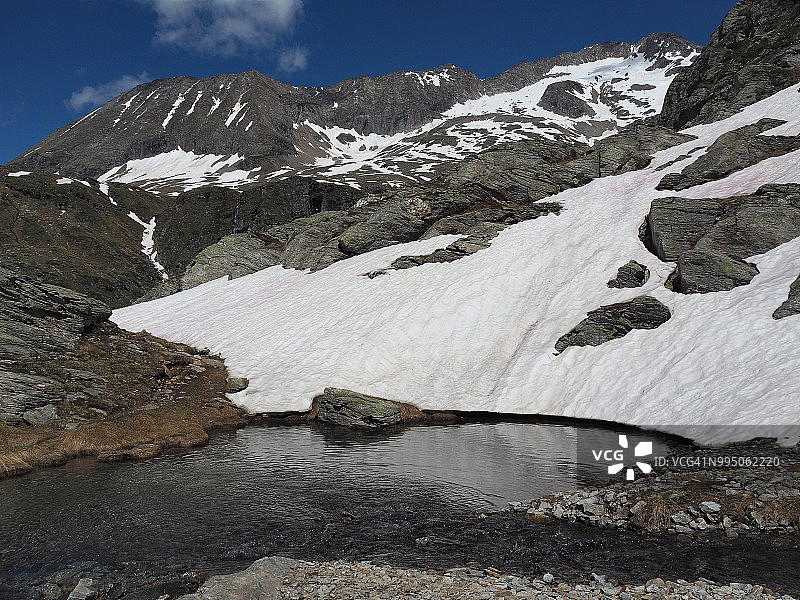 高福马扎山谷的小池塘和小块的雪图片素材