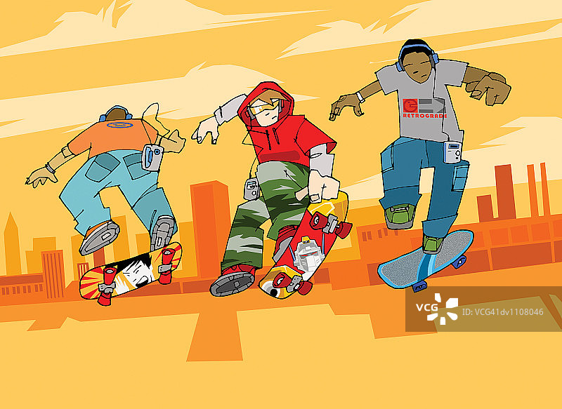 三个男孩在他们的滑板上跳在城市图片素材