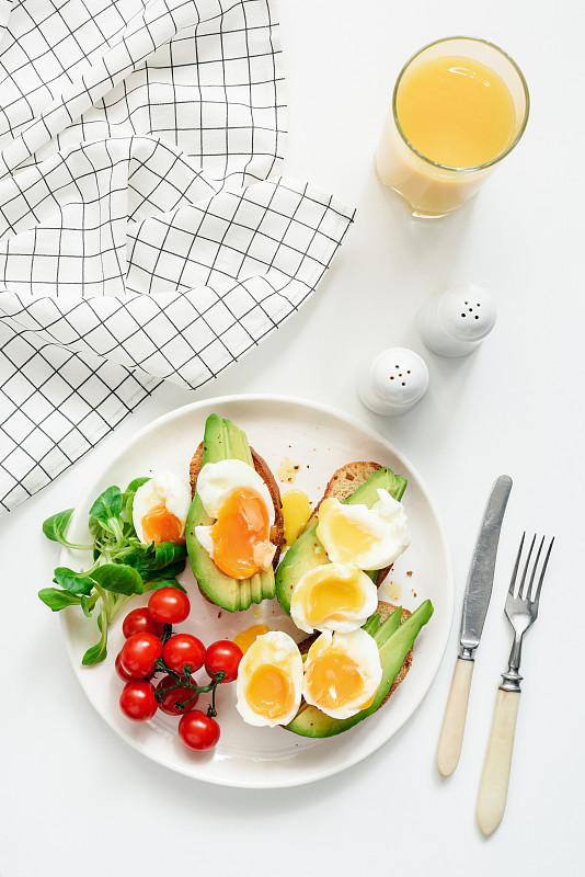 早餐吃健康的牛油果、鸡蛋吐司和橙汁图片下载