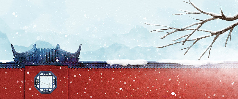 手绘冬天红色过年喜庆大气中国风古代建筑图片素材