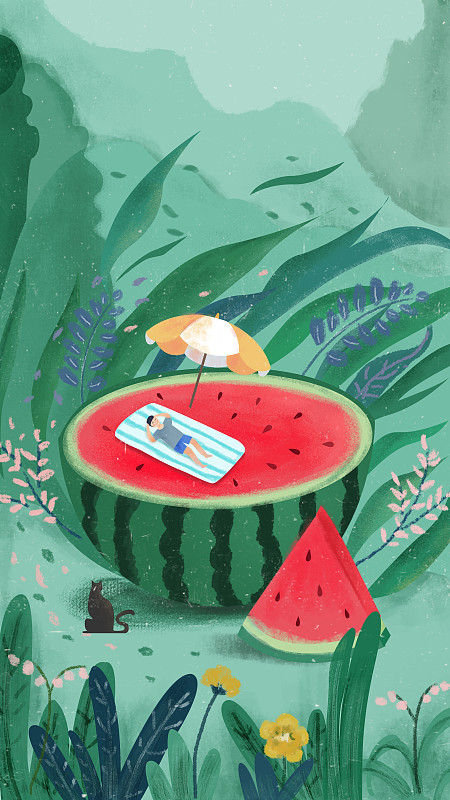  夏天绿色森林里躺在西瓜上的插画下载
