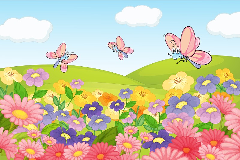 蝴蝶在花丛中飞舞卡通图片