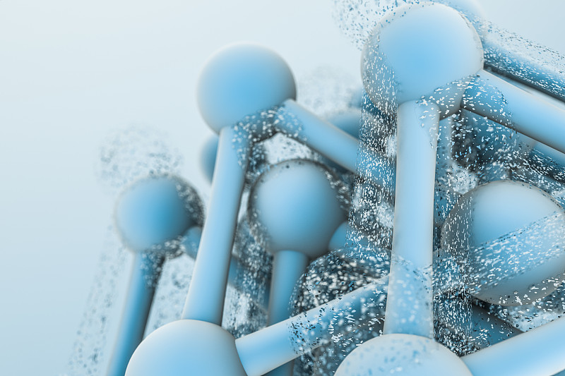生物化学技术分子与浅蓝色背景，三维渲染图片下载