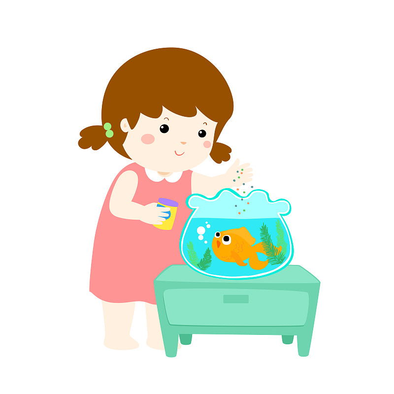 可爱的小女孩喂鱼在水族馆卡通图片