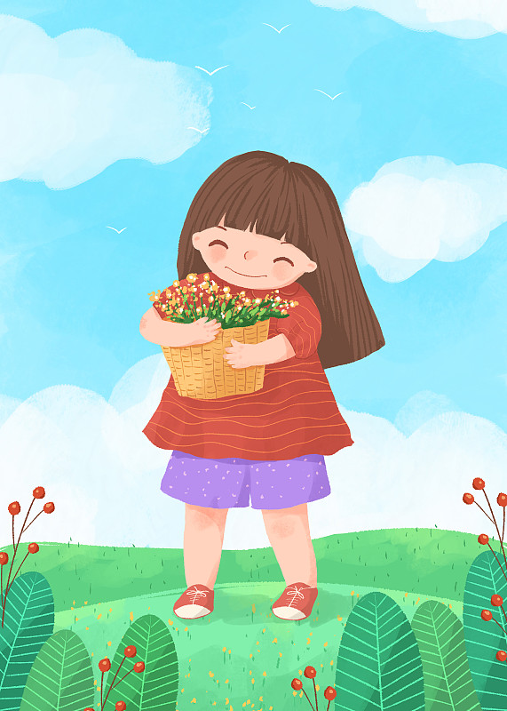 怀抱鲜花的女孩插画图片