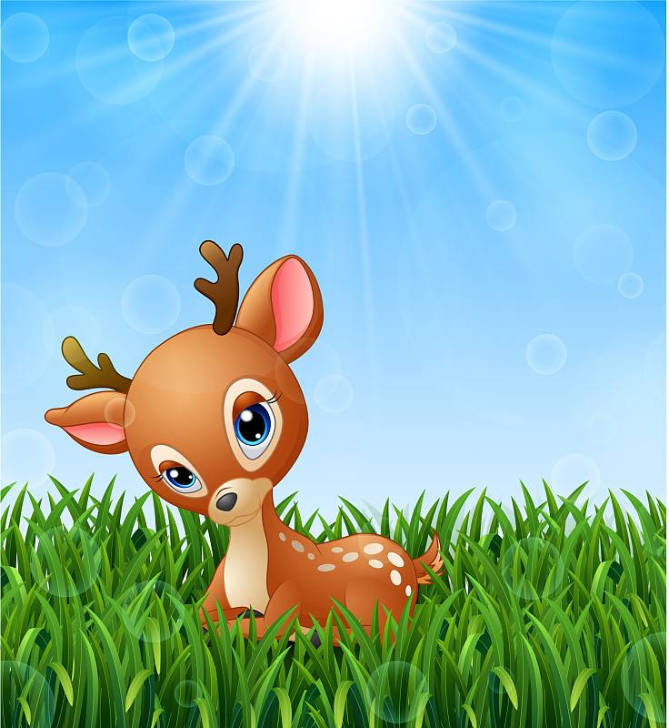 可爱的小鹿卡通在草地上的背景图片
