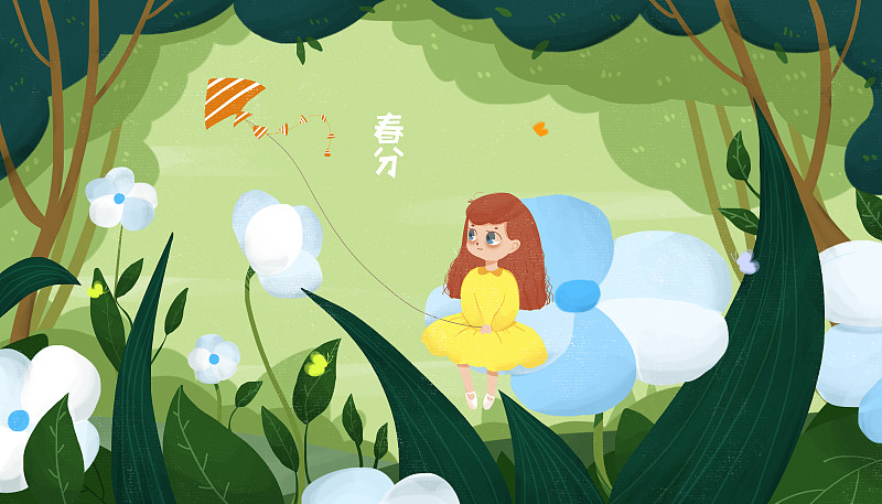二十四节气春分插画 坐在花朵上放风筝的女孩图片