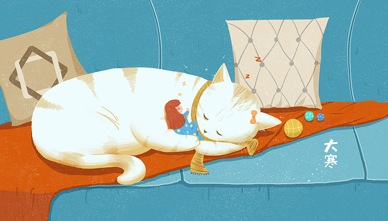 二十四节气大寒插画 猫咪温暖的抱着女孩在沙发上睡觉图片