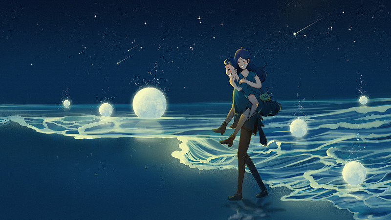 少年背着少女在海边漫步 情侣游玩插画下载