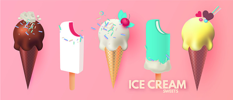 逼真的3d冰淇淋设置水果奶油和图片素材