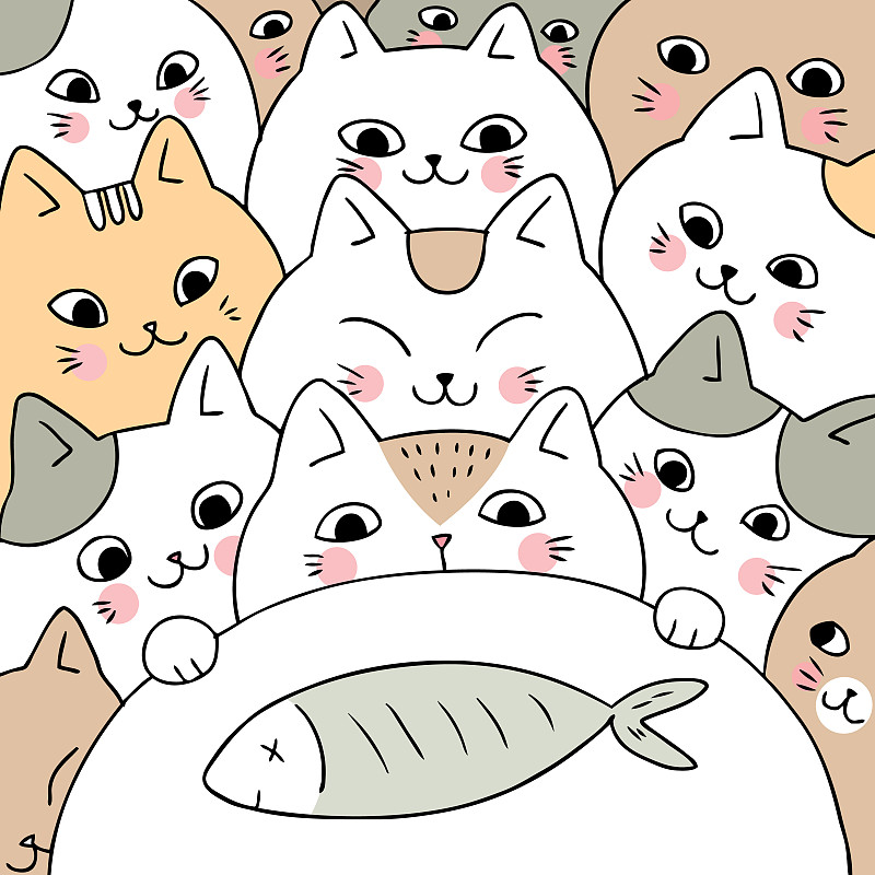 卡通可爱的涂鸦猫和鱼图片下载