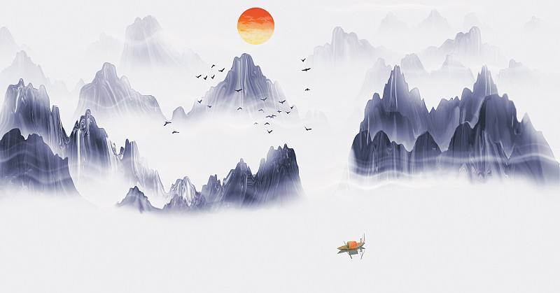 手绘中国风抽象意境水墨山水风景画图片素材