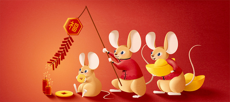 中国新年小鼠放鞭炮插图图片下载