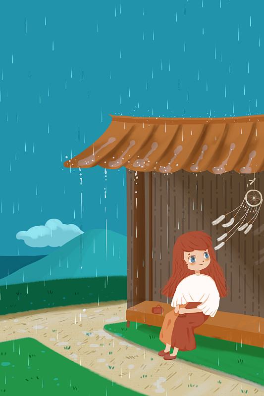 坐在屋檐下避雨的女孩 二十四节气谷雨插画下载