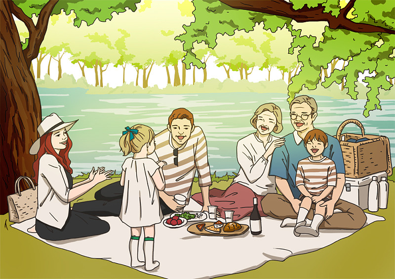 欢乐的家庭在野餐的卡通插图图片素材