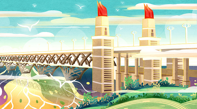 国潮风江苏省南京地标南京长江大桥插画图片