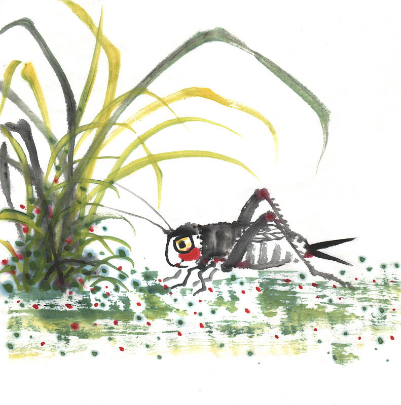 中国画水墨插画-草地上的蟋蟀下载