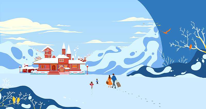 冬季提着行李的一家四口在回家的路上 雪山的风情小镇旅游插画下载