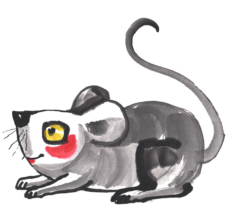 国画水墨插画-在地面上的可爱小老鼠下载