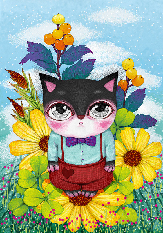 儿童插画动物插画-站在花朵上往上看的猫下载