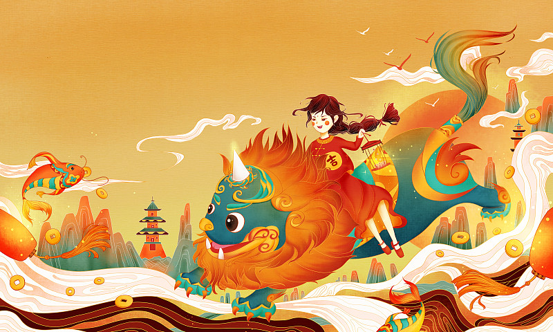 年兽背上的女孩周围有金币锦鲤灯笼 中国风插画图片