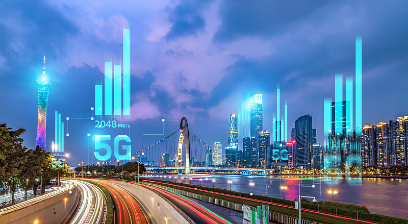 5G网络信号科技快速发展广州夜景珠江全景城市高楼建筑经济中心图片素材