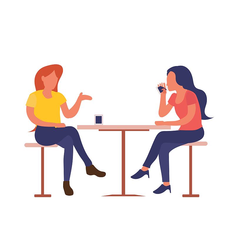 两个女孩坐在咖啡馆边喝咖啡边谈着白色背景上孤立的平面设计图片素材