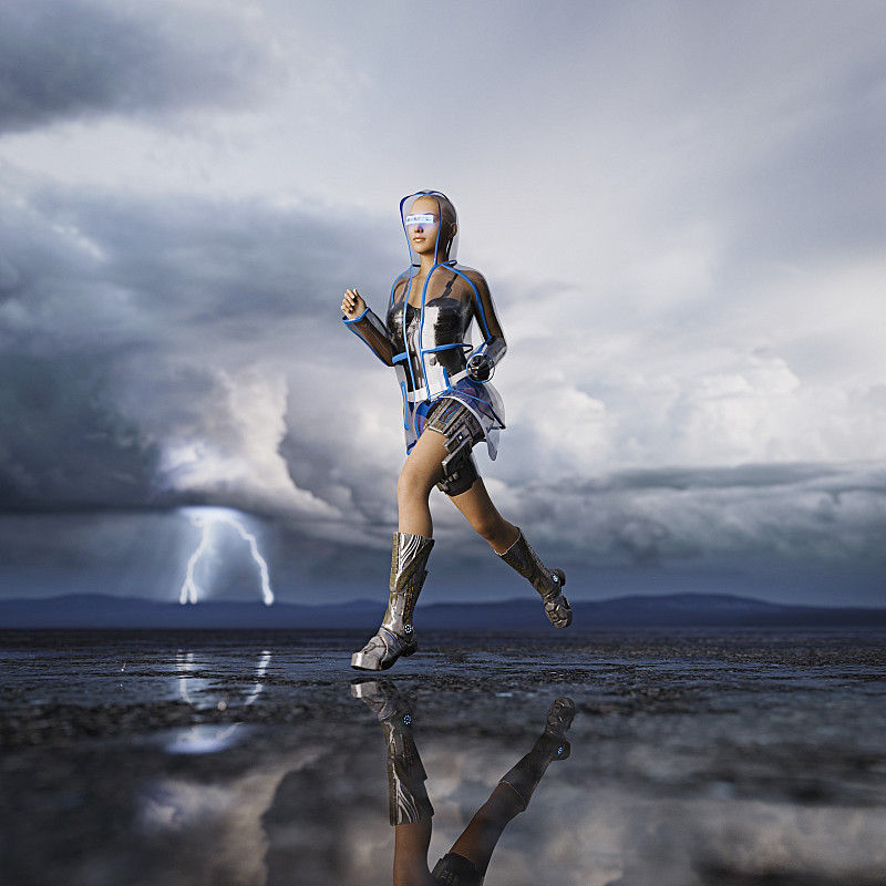 未来的奔跑者在暴风雨的天气与霓虹灯蓝色互动遮阳板图片下载