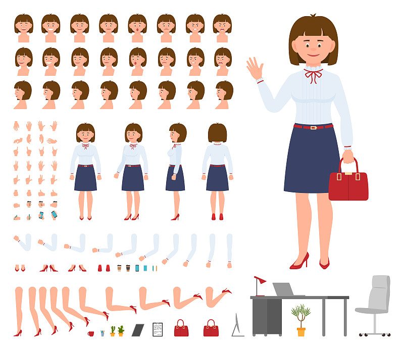办公室经理女卡通人物构造师设计集。发电机挥动年轻的成年女士在商务服装站在白色的背景图片下载