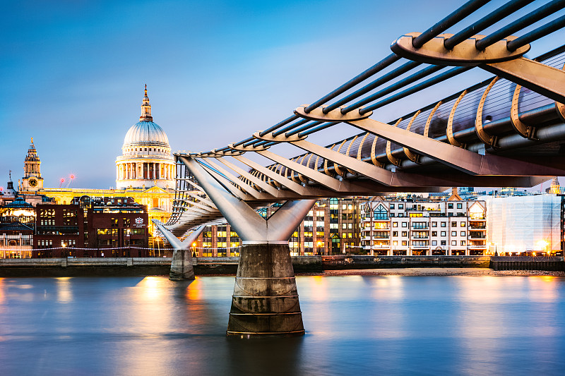 英国黄昏时的千年桥和圣保罗大教堂图片下载