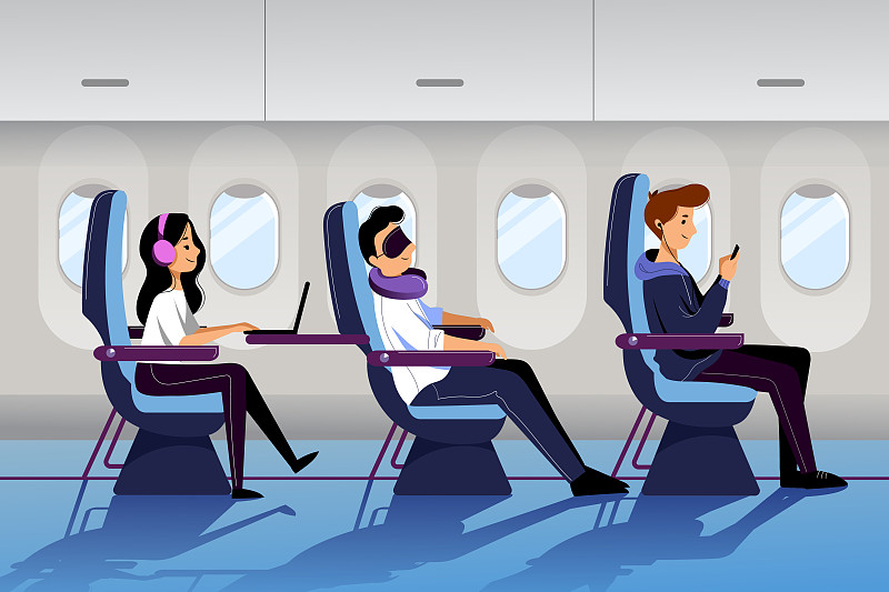 人们乘坐经济舱旅行。飞机内部有睡觉和工作的乘客。矢量平面卡通插图图片下载