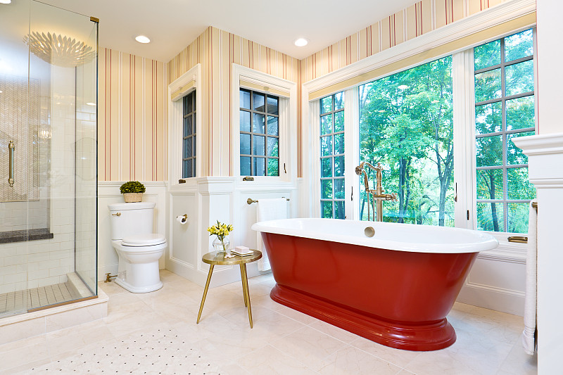 现代浴室设计与独立式铁浴缸图片素材