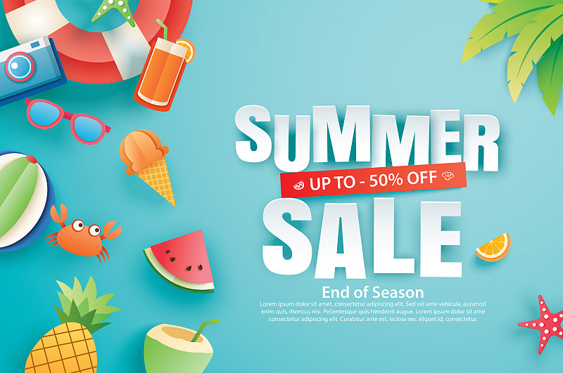 夏季销售与装饰折纸蓝天背景。纸艺术和工艺风格。矢量图的冰淇淋，西瓜，太阳镜。下载