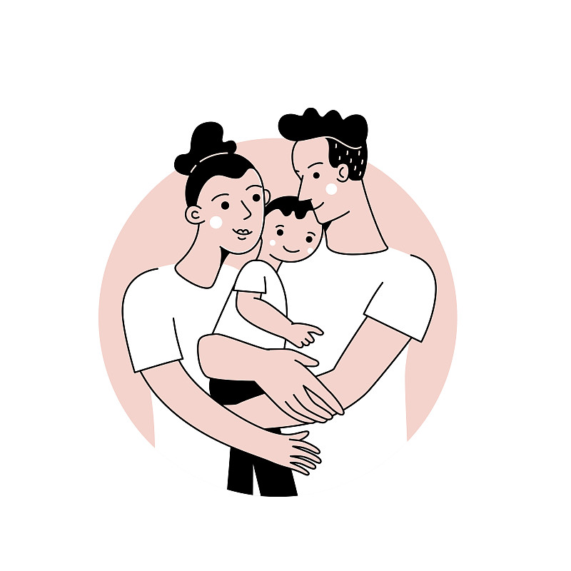 矢量插图在时尚的平面线性风格-幸福的家庭和父母的概念-幸福的母亲和父亲与一个婴儿图片下载