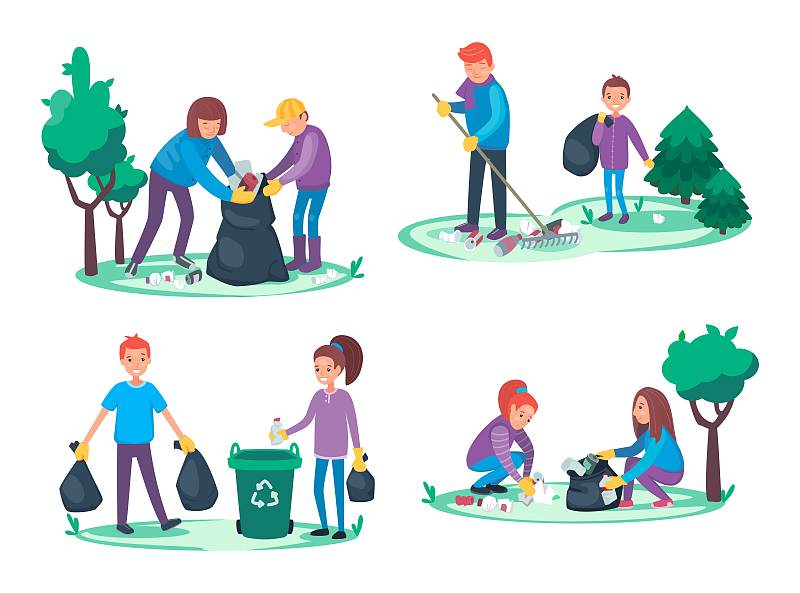 男孩和女孩把垃圾和垃圾拿走。环境清理的概念。一群人使森林或公园变得干净或整洁。生态矢量插图卡通平面风格。图片下载
