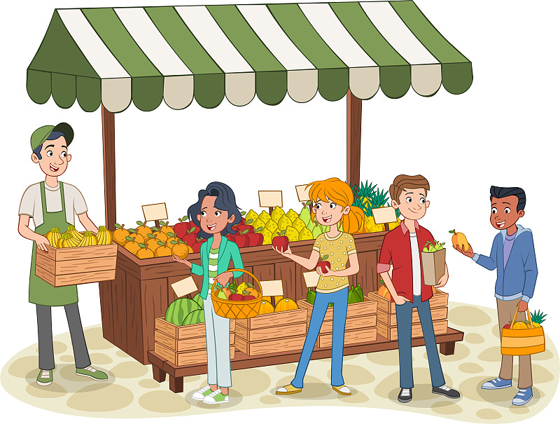 一群卡通少年在街边买水果。图片素材