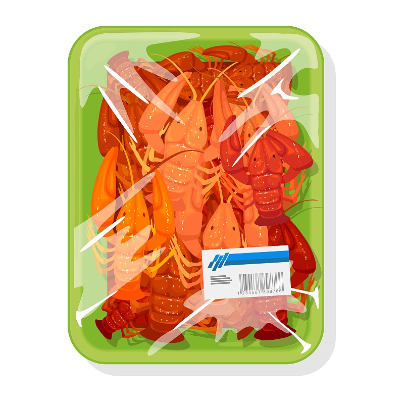 冷冻水煮红小龙虾放在绿色塑料托盘上，上面盖着聚乙烯食品袋图片下载
