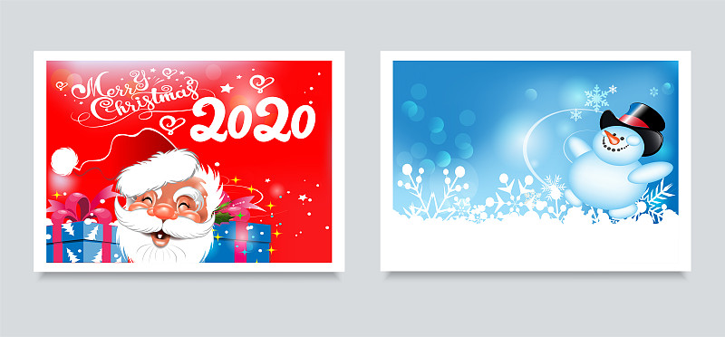 给你设计的圣诞卡。两张可爱的图片:红色背景下快乐的圣诞老人和蓝色背景下快乐的雪人。假日设计模板:横幅，海报，请柬图片下载