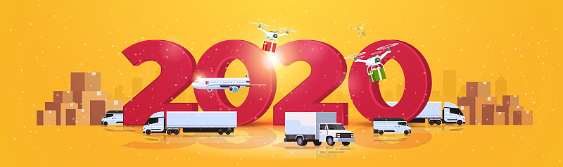 货运货车四轴飞机货运全球物流网络概念水平2020纸箱背景水平图片素材