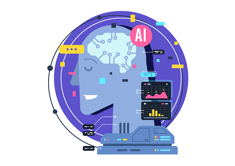 AI，人工智能图标概念，带有电子神经元的大脑。平面向量插图。AI人工智能和人类智能概念商业插图。图片下载