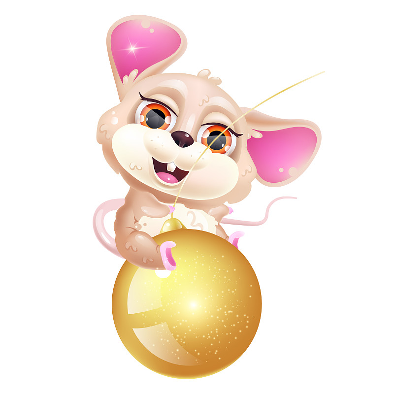 可爱的老鼠骑圣诞装饰卡哇伊卡通矢量人物。2020年中国新年。可爱，有趣的动物金球孤立贴纸，贴片。白色背景下的动漫小老鼠表情图片下载