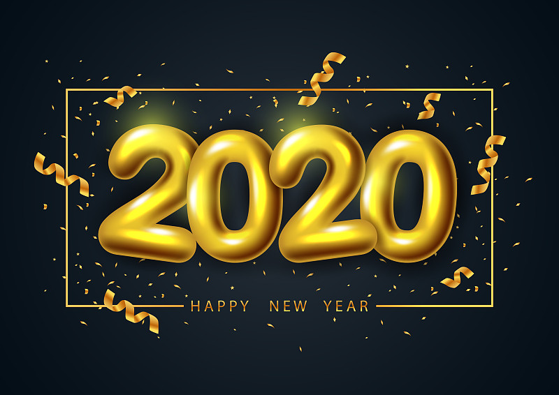2020年新年快乐，贺卡和海报设计与现实的黄金数字2020图片素材
