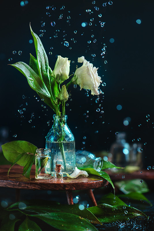玻璃瓶上有白花、花蕾和落下的水滴图片下载