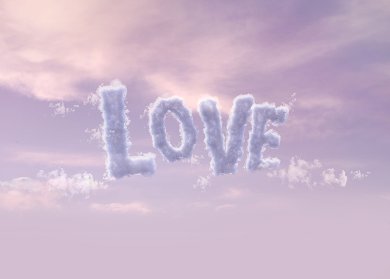 “爱”字用云排列，像一个字，在淡紫色或梅花色的天空中向上飞图片下载